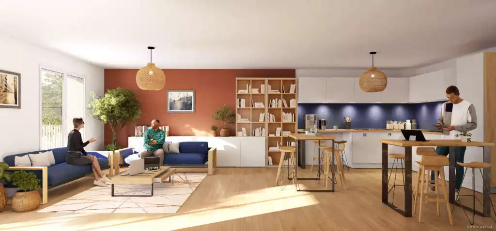 vue 3D de l'intérieur d'un espace commun dans des locaux commerciaux, avec canapés, coin cuisine et espaces de travail partagé