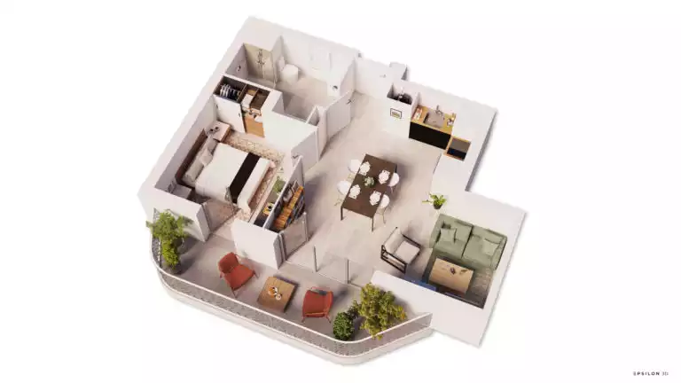 plan en 3D d'un appartement avec une chambre et un balcon