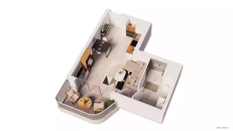 plan en 3D d'un studio avec terrasse