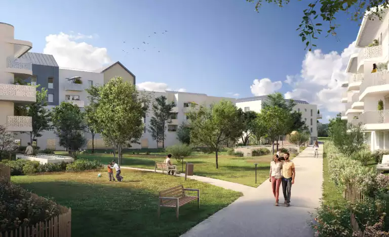 image d'illustration de bâtiments derrière des arbres avec des enfants qui jouent et un couple qui se balade