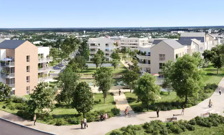 vue en plongée sur le cœur d'ilot d'un quartier, avec de la végétation et un plan d'eau