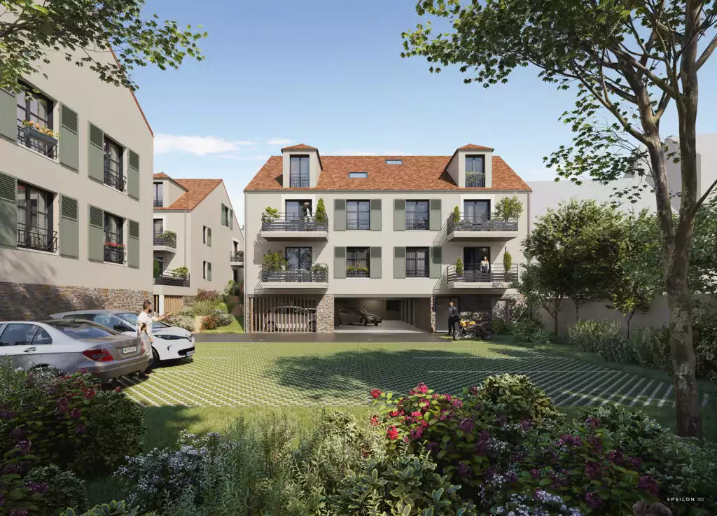 visuel de bâtiment avec des arbres et des fleurs au premier plan