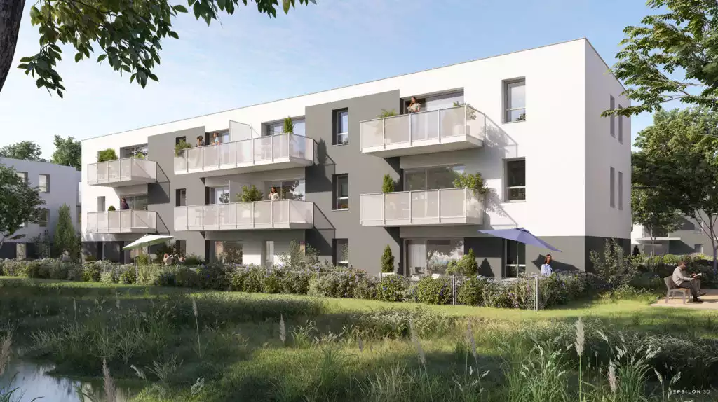 illustration 3d d'un futur bâtiment d'habitation avec balcons et plan d'eau au premier plan