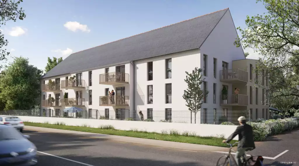 Illustration 3D d'un bâtiment d'habitation avec route et cycliste au premier plan