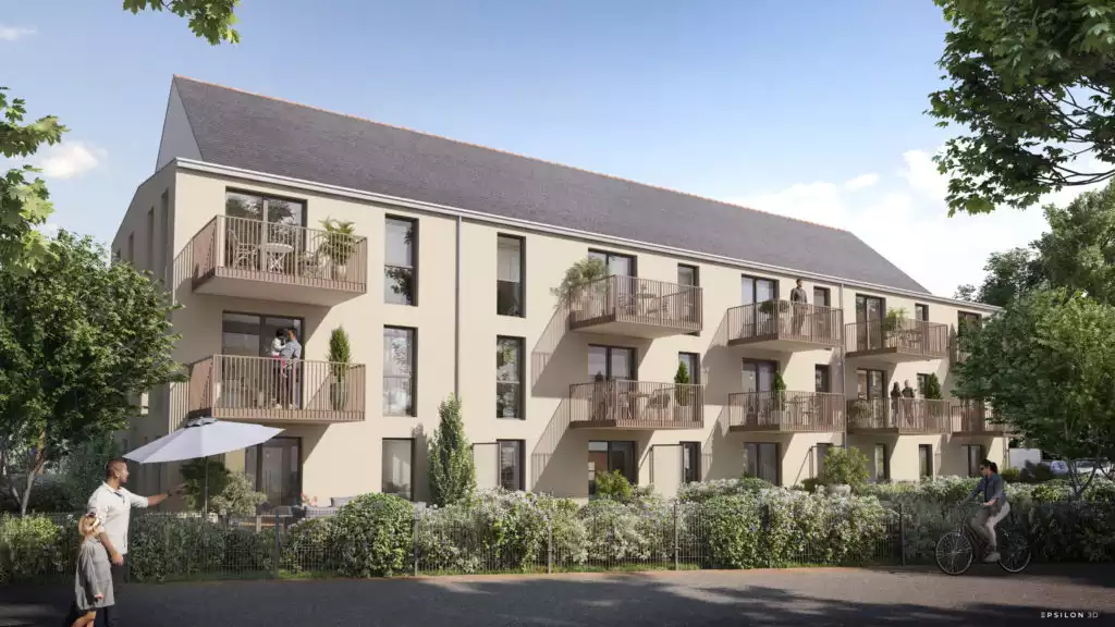 Illustration 3D d'un bâtiment d'habitation avec haie et chemin au premier plan