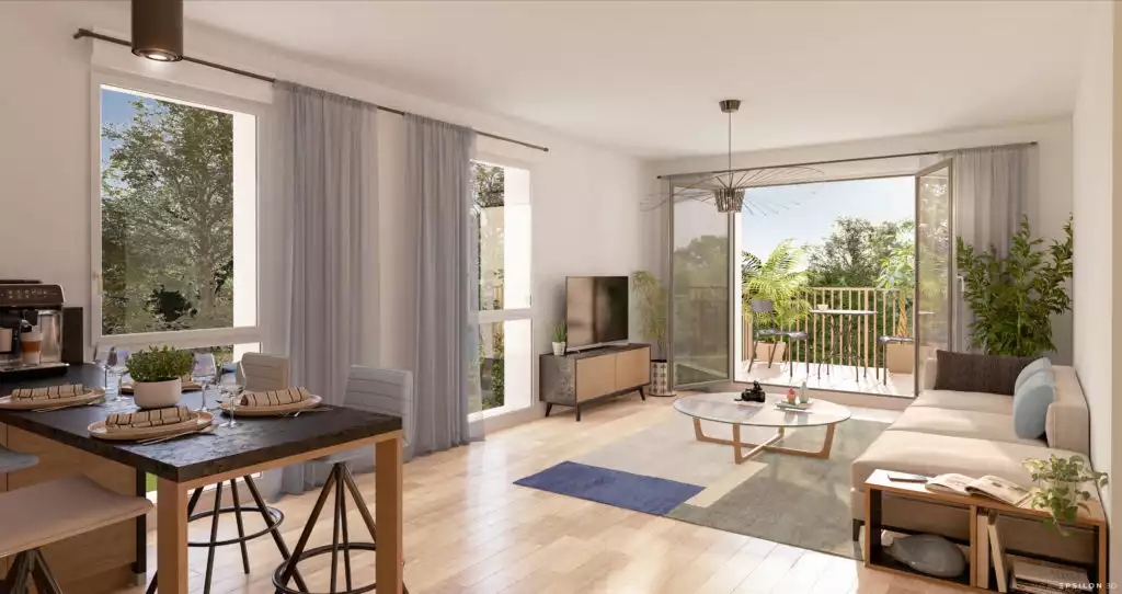illustration 3D d'un intérieur d'appartement, coin repas au premier plan, salon ouvert sur un balcon