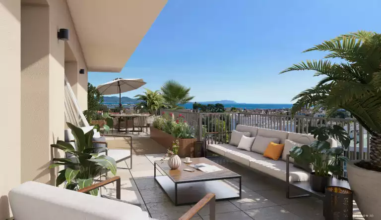 illustration 3d d'une terrasse d'appartement avec canapé, fauteuil, coin repas, vue sur mer