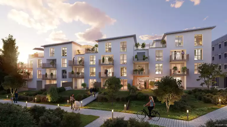 Illustration 3D d'un petit collectif avec jardins et cheminements piétons, ambiance fin de journée
