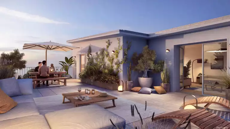 illustration 3d d'une grande terrasse avec coin canapé, transats, coin repas, personnes assises, ambiance fin de journée