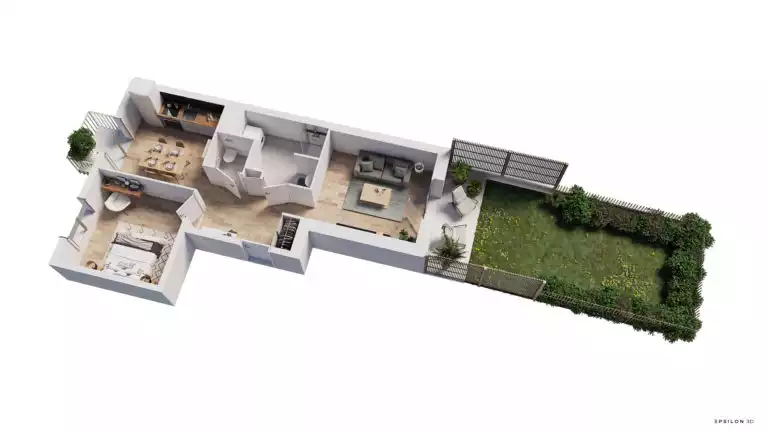 plan en 3D d'un appartement avec une chambre, et un jardin