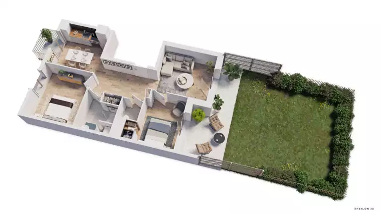 plan en 3D d'un appartement avec 2 chambres et un jardin