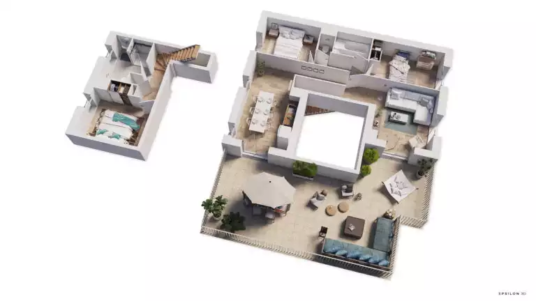 plan en 3d d'un appartement duplex avec 3 chambres dont une a l'étage et une grande terrasse
