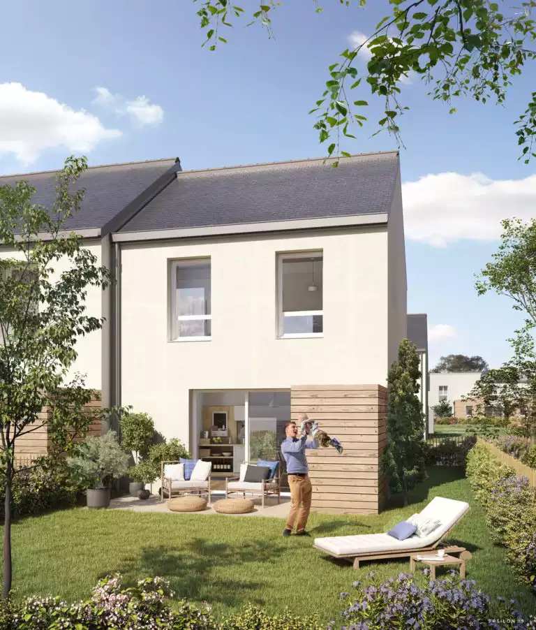 illustration 3D d'une maison en enduit et bardage, avec jardin et espace fauteuils et transats