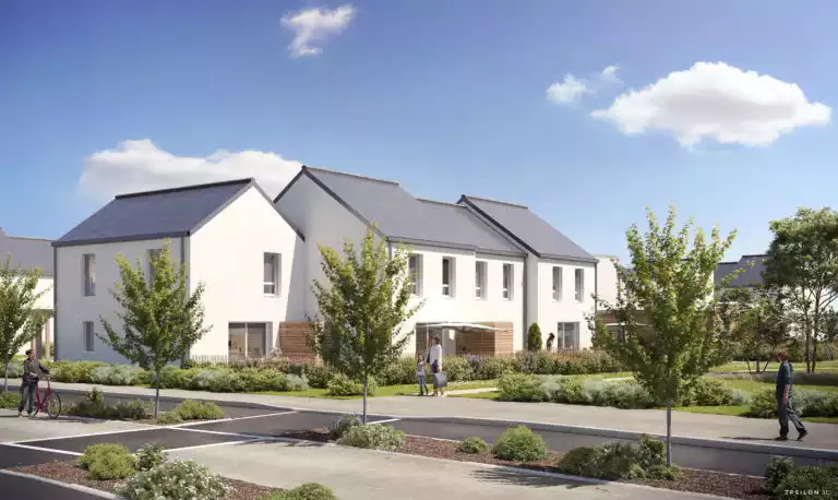 illustration 3D de maisons en enduit blanc sur espace vert et rue