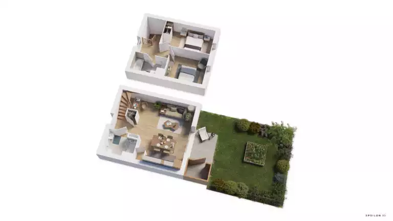 plan 3D d'une maison avec deux chambres à l'étage, un jardin et une terrasse