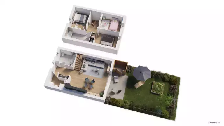 plan 3D d'une maison avec 3 chambres à l'étage, un jardin et une terrasse
