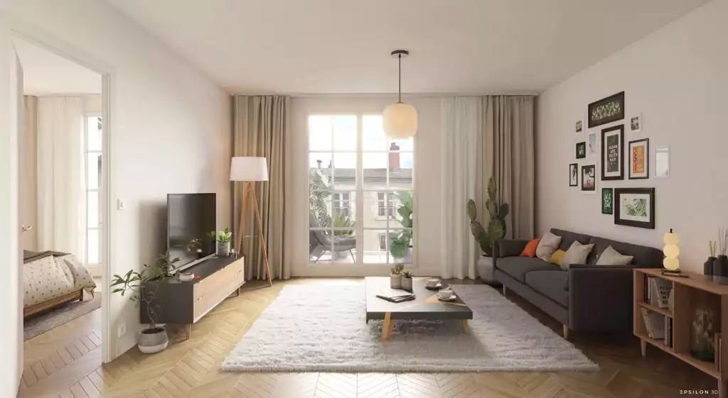 illustration 3D de l'intérieur d'un salon ouvert sur une chambre et un balcon. Décoration et ameublement dans les tons gris foncé et beige, touches de orange.