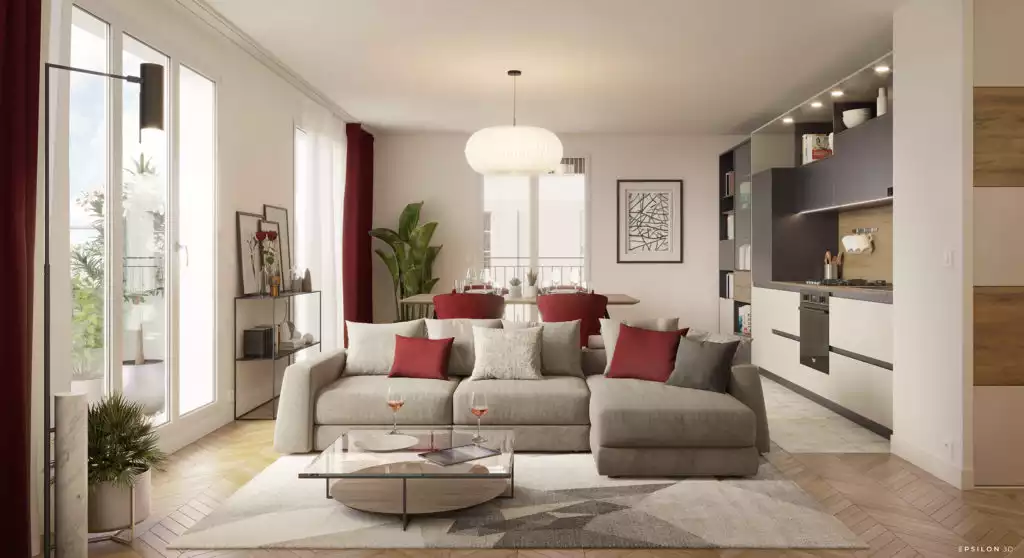 illustration 3D d'un salon avec canapé au premier plan, cuisine sur le côté, salle à manger dans le fond. Ameublement et décoration dans les tons gris, beige et rouge