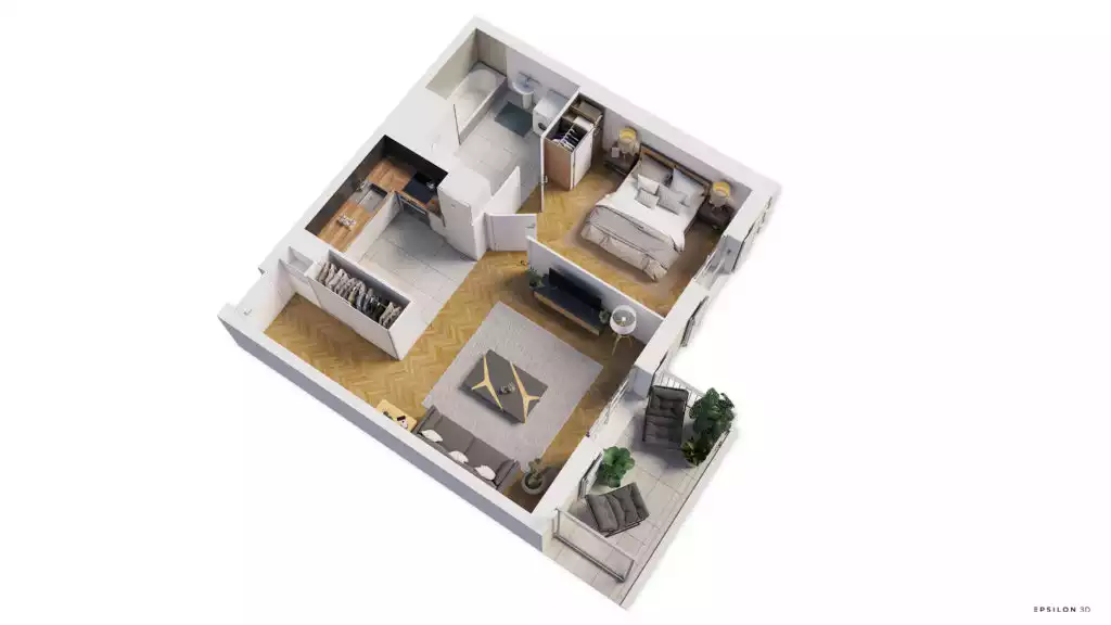 plan 3D d'un appartement avec une chambre et un balcon, sur parquet