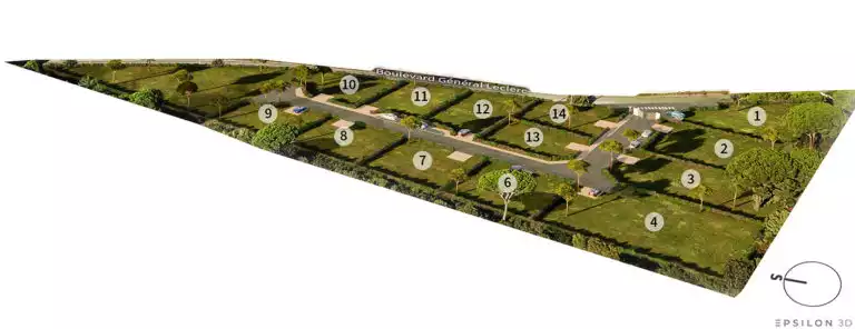 plan 3D en axonométrie d'un futur ensemble de terrains à construire, séparés par des haies