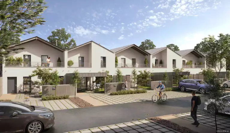 illustration 3D d'une bande de maisons avec enduit blanc et toiture en zinc, sur une rue passante