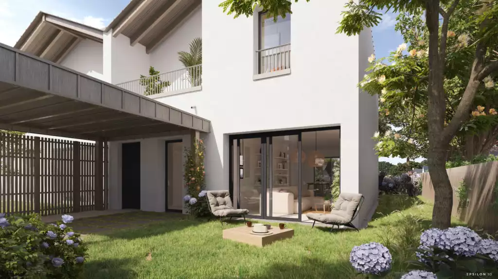 illustration 3D d'une maison en enduit blanc avec un carport métallique, jardin au premier plan avec fauteuils et petite table.