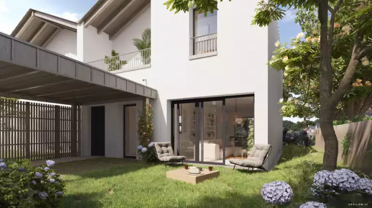 illustration 3D d'une maison en enduit blanc avec un carport métallique, jardin au premier plan avec fauteuils et petite table.