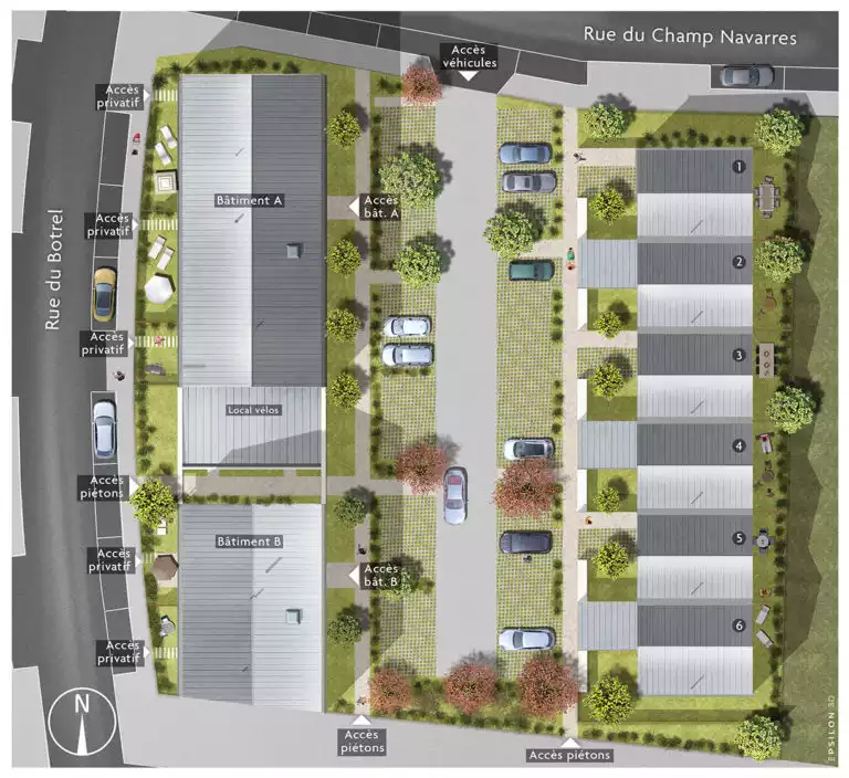 plan 3D d'un petit quartier à construire avec un collectif et quelques maisons en bande, toitures en zinc gris