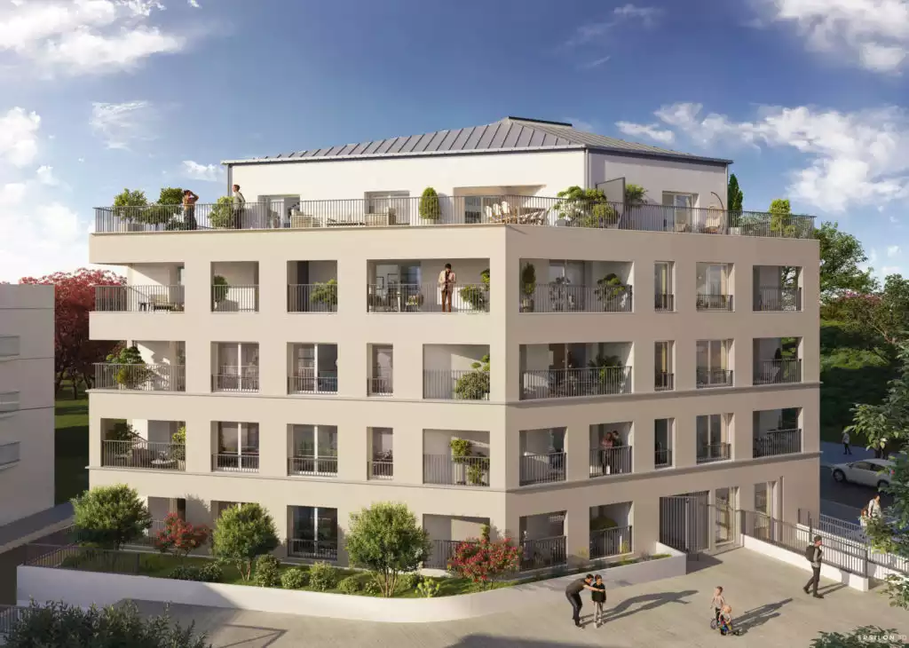 illustration 3D d'un immeuble de 5 niveaux avec terrasses et balcons