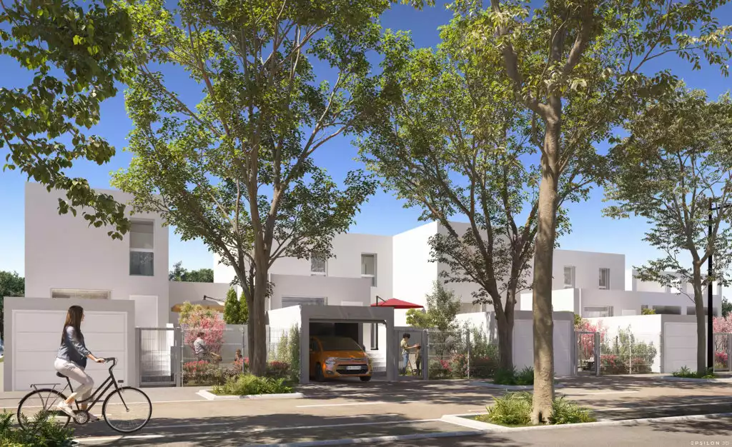 Perspective 3D réalisée par Epsilon 3D présentant un programme immobilier proposant collectif et maisons individuelles