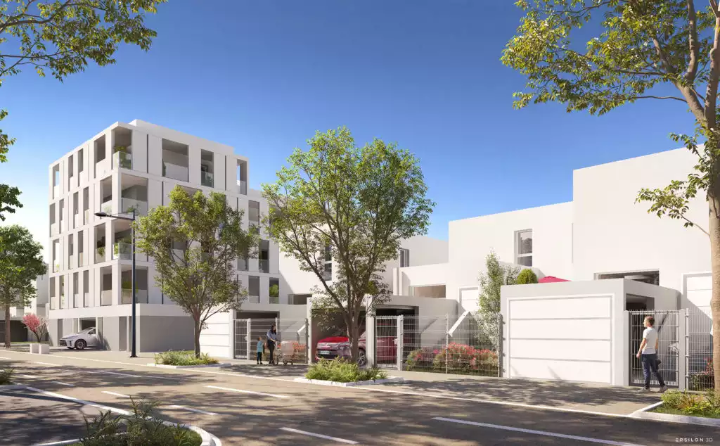 Perspective 3D réalisée par Epsilon 3D présentant un programme immobilier proposant collectif et maisons individuelles