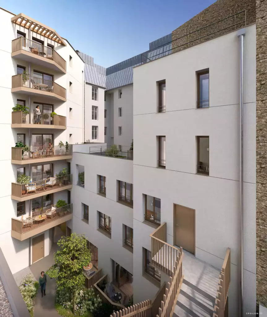 Réalisation par Epsilon 3D d'un programme immobilier avec 2 perspectives extérieures côté rue et côté cours