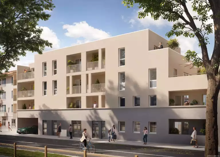 Illustration en 3D d'un bâtiment moderne, qui se trouve le long d'une rue, façade beige clair, plusieurs personnes sur le trottoir