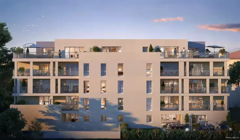 Rendu 3D d'un immeuble résidentiel moderne vu de l'extérieur au crépuscule, plusieurs étages avec balcons et terrasses, entouré de végétation