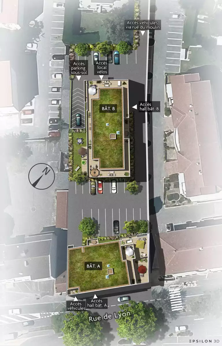 Plan masse 2D d'un projet immobilier, vu du dessus, à la manière d'une vue aérienne. On voit le bâtiment A et Bâtiment B, et leurs environs. Le plan combine un dessin technique pour les structures et un rendu plus réaliste pour les textures (végétations, toits, routes,...)