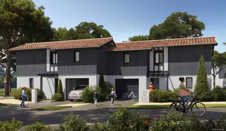 Visualisation 3D de deux logements de la résidence, elle met en avant leur design leur intégration dans le paysage, 2 maisons mitoyennes avec une architecture qui mélange le style traditionnel et moderne. Les toits en tuiles rouges, on peut voir une famille devant leur maison