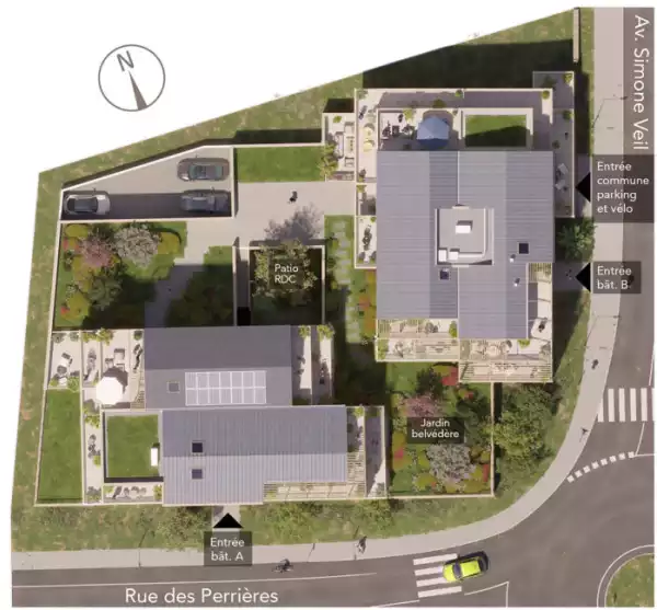 Vue aérienne en 3D d'un programme immobilier, appelée plan masse 3D. Elle représente l'ensemble du projet vu du ciel, avec une boussole indiquant le nord.