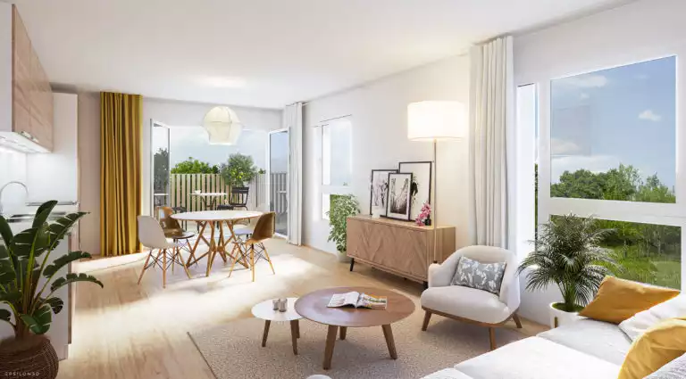 Programme immobilier avec réalisation d'une perspective extérieure, deux perspectives intérieures