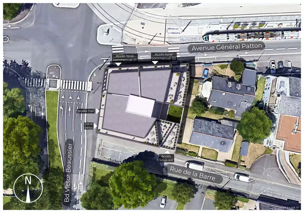 C'est un plan masse 3D ou une vue aérienne annotée d'un projet immobilier. C'est un document de présentation technique montrant l'insertion du projet dans son site et l'organisation des flux d'accès. Elle inclut une rose des vents. L'aménagement extérieur comporte des terrasses out des espaces paysagers autour du bâtiment.