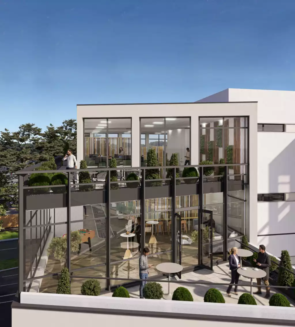 Un rendu architectural 3D qui met en valeur l'aménagement des terrasses et des espaces verts de détente de l'immeuble. Elle illustre les espaces de travail extérieurs et collaboratifs du projet.