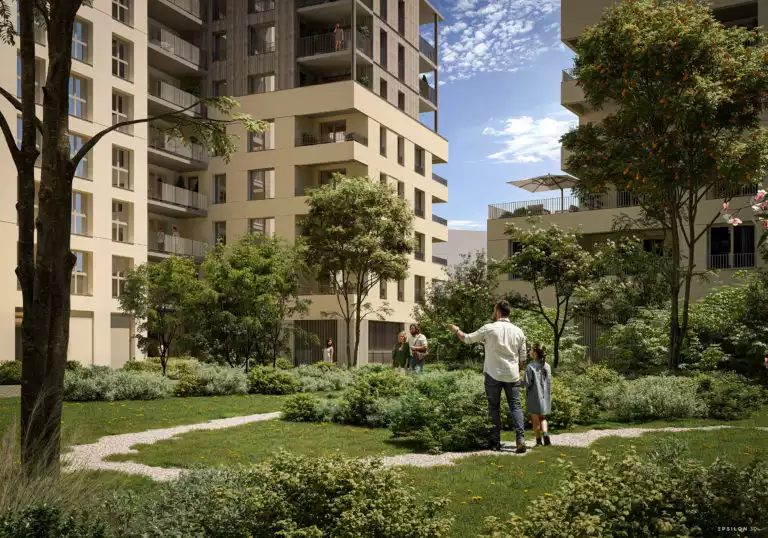 Un jardin paysager au centre d'un îlot résidentiel moderne, on y voit de grands immeubles d'habitation. l'atmosphère est lumineuse et met en valeur la nature dans un cadre urbain.