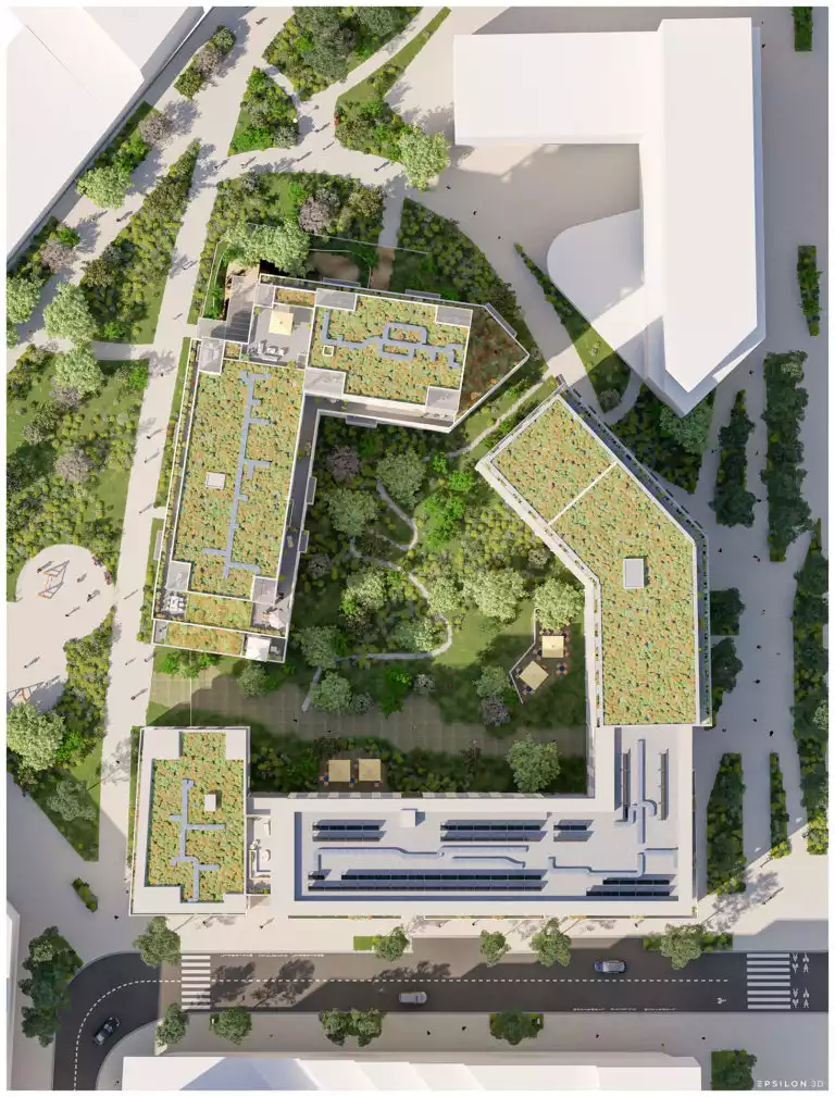 C'est un rendu 3D architectural présentant un complexe immobilier moderne