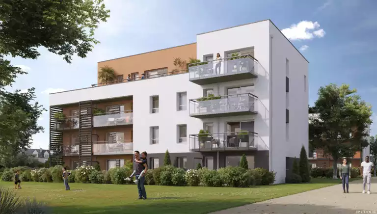 Perspective extérieure 3D d'une résidence immobilière moderne. Elle présente un bâtiment de plusieurs étages, avec une architecture contemporaine caractérisée par des façades principalement blanches et un pan supérieur d'une couleur terre cuite ou ocre clair.