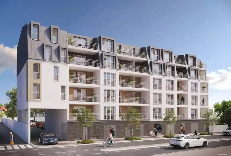 Une vue perspective extérieure d'un immeuble d'habitation moderne, bâtiment a plusieurs étages, la façade est caractérise par un mélange de matériaux et de couleurs, de larges balcons avec des garde-corps métalliques blancs, un porche ouvert