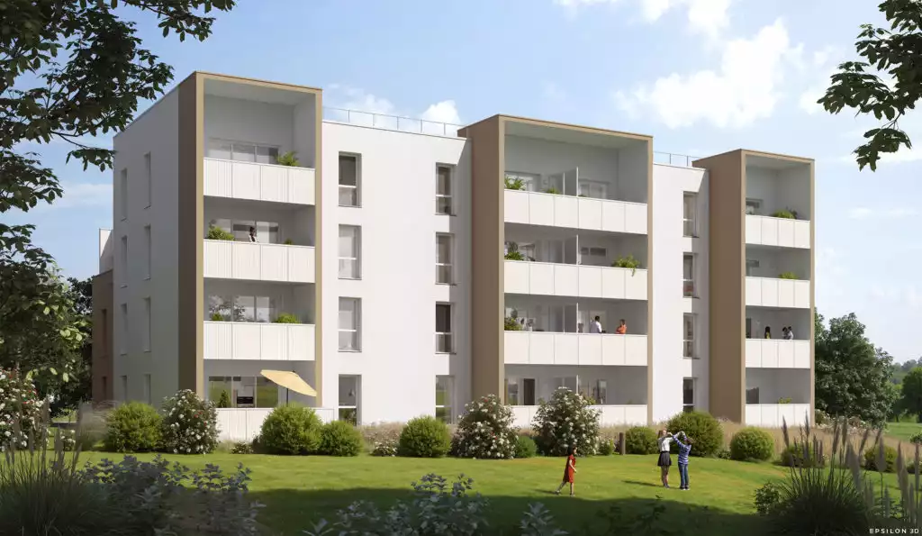 C'est une perspective 3D d'un programme immobilier neuf représentant un immeuble résidentiel moderne de trois étages dans un environnement verdoyant. Chaque appartement dispose d'un balcon spacieux avec des garde-corps blancs à lattes.