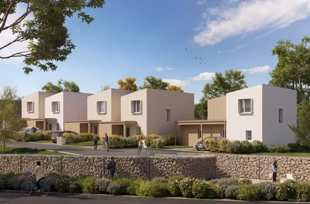 Vue extérieure et piétonne d'un ensemble de maisons contemporaines de deux étages, avec des façades blanches et beige clair, et des éléments en bois.