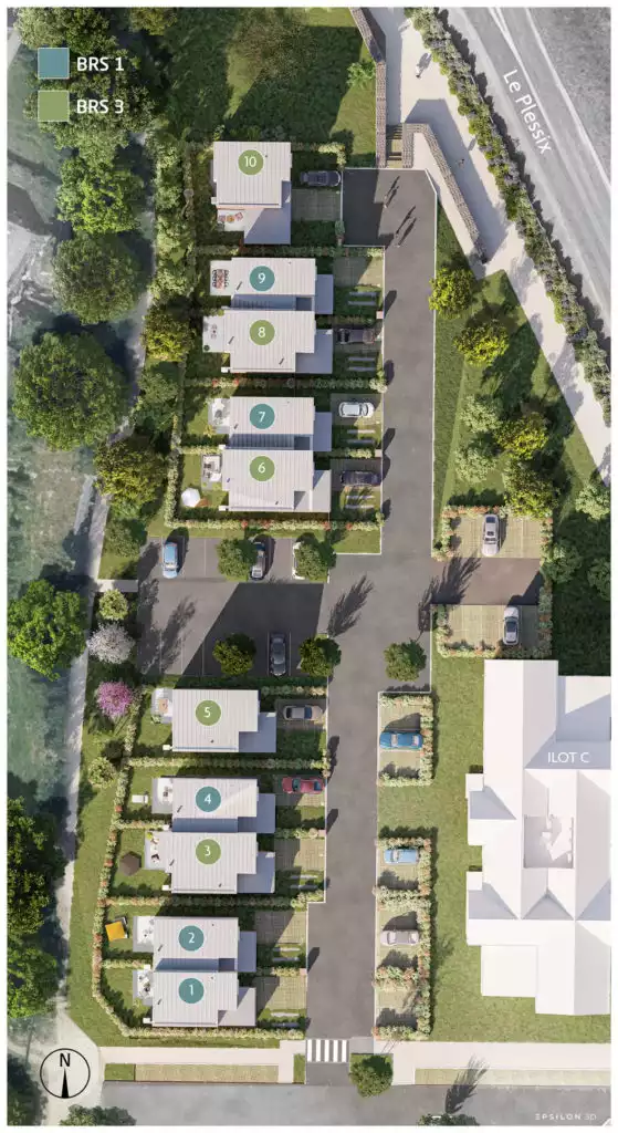 Rendus 3D de haute qualité destinés à la commercialisation d'un programme immobilier résidentiel neuf. Aménagement extérieur du lotissement avec vue jardin privé et intérieur lumineux, intégration paysagère avec la présence de végétation