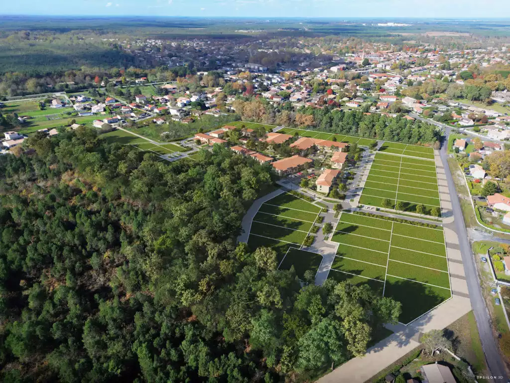 Réalisation complète d'un programme immobilier comprenant : Axonométrie et vue aérienne : Insertion 3D sur prise de vue réelle pour une compréhension parfaite de l'implantation. Architecture : Rendu précis des matériaux et des contrastes de couleurs (vert et bordeaux). Aménagement paysager : Modélisation de la végétation dense et des cheminements doux du "Square Parc".