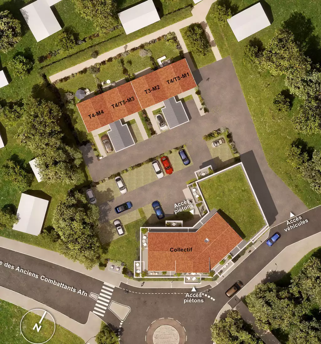 Ensemble d'images 3D représentant un plan masse, vue plongeante en 3D détaillant l'implantation harmonieuse du projet et 3 perspectives extérieures vue sur le projet immobilier, architecture contemporaine du bâtiment collectif, souligné par un soubassement en bois et des volets bleus élégants. Des larges balcons végétalisés et les terrasses en attique illustrent un cadre de vie tourné vers l'extérieur.