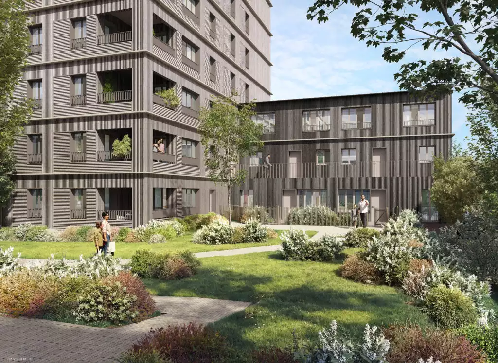Cœur de l'îlot et jardin, aménagement paysager, square résidentiel végétalisé, visualisation 3D mettant en avant les façades en bois, les cheminements piétons et les espaces de vie extérieures d'un projet immobilier neuf